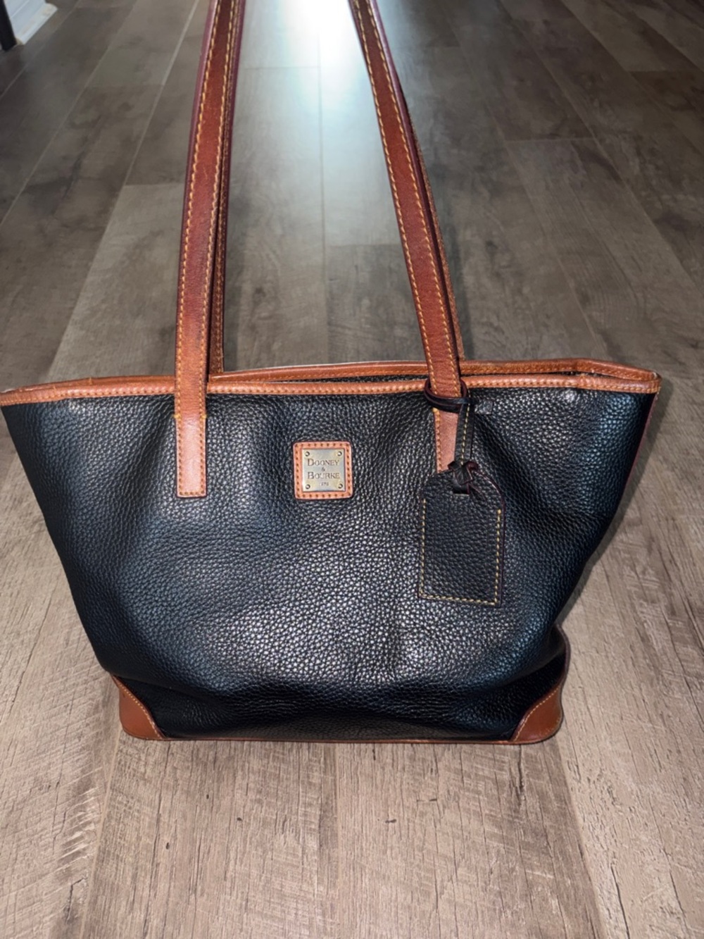 Dooney & Bourke Black Pebbled Charleston Leather Tote with Brown Trim